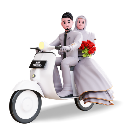 Illustration of a bride and groom holding wedding certificates with a banner that says 'Happy Wedding'